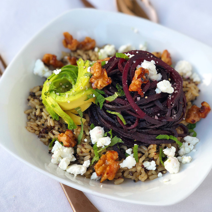 Winter Quinoa Bowl with Beets, Avocado, Goat Cheese and Mint