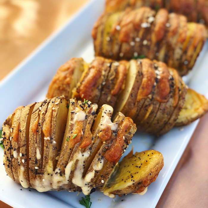 Smoked Hasselback Potatoes with Gouda and Everything Seasoning