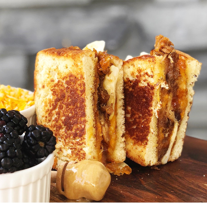 Apricot and Honey Glazed Pulled Pork, Grilled Cheese with Apples and Cheddar