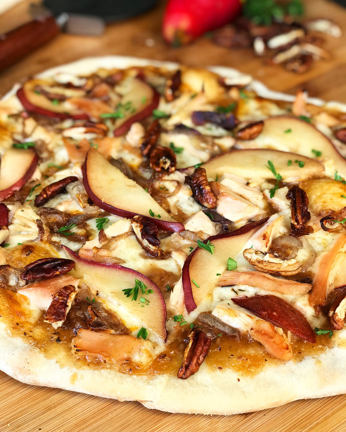 Smoked Pizza with Turkey, Honey Mustard, Pears, and Pecans