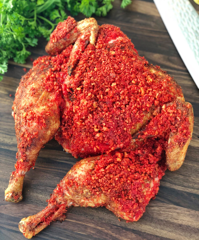 Smoked Flamin' Hot Cheeto Spatchcocked Chicken