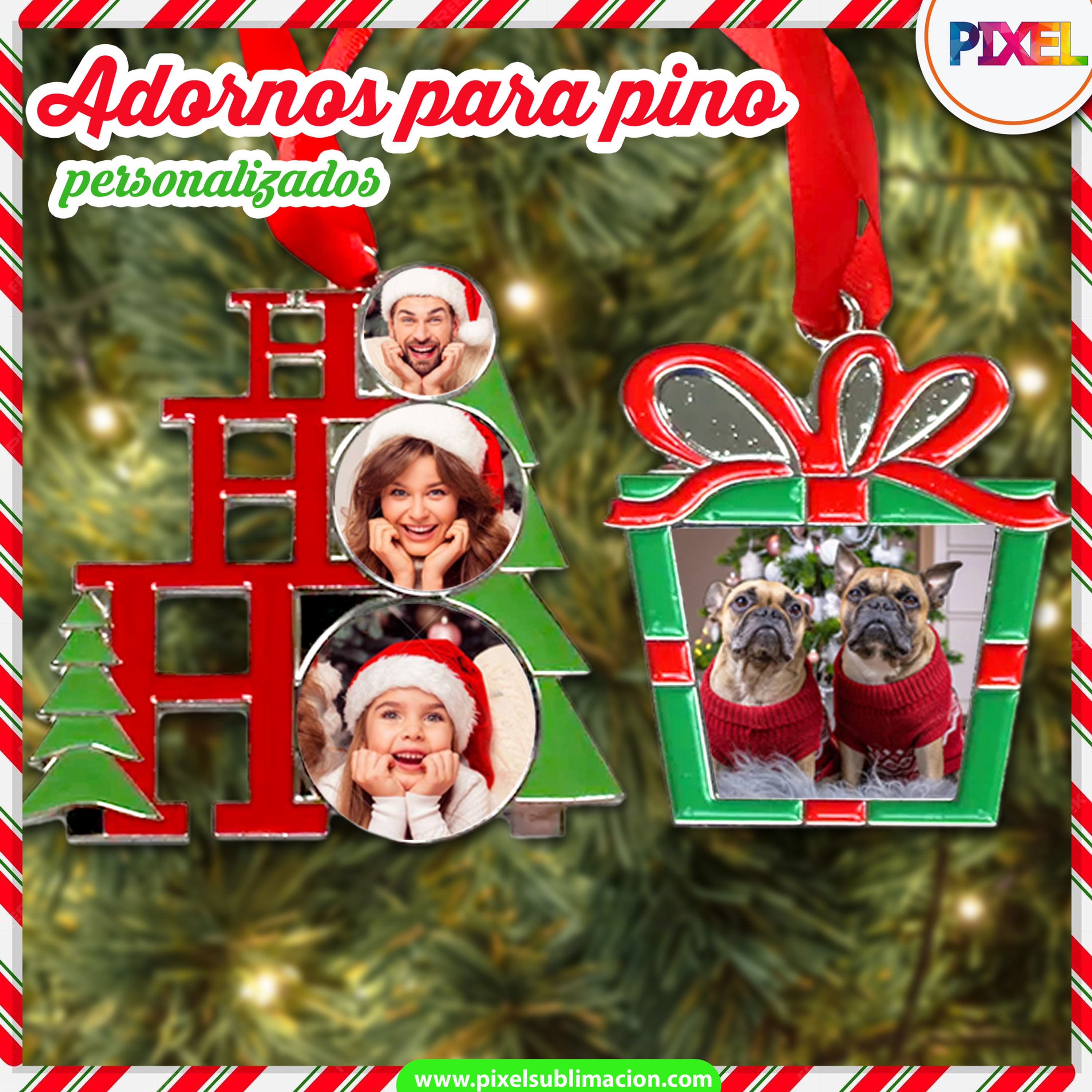 Adorno navideño con forma de regalo y pino personalizado.