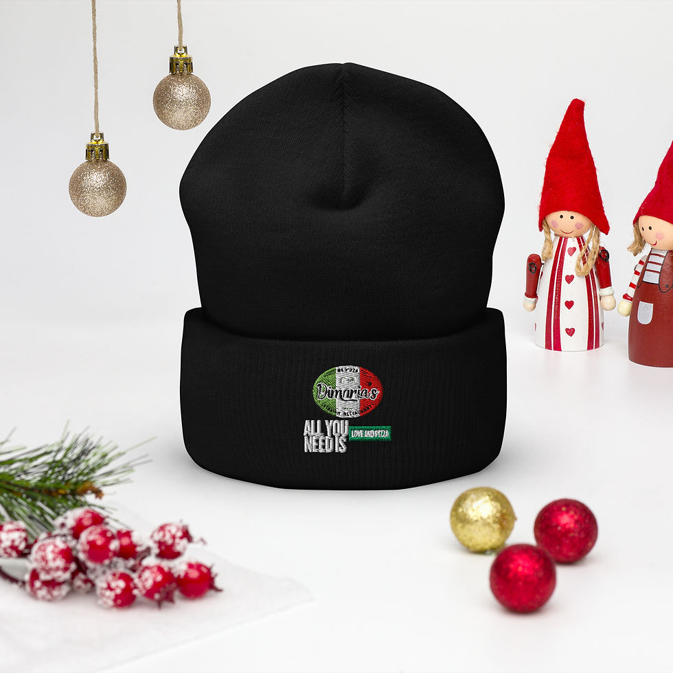 Thumbnail: Black beanie with embroidered text: ALL YOU NEED IS PIZZA.
