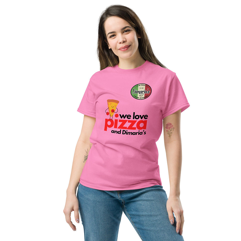 Thumbnail: Woman wearing pink t-shirt says "we love pizza and DiMaria's" Unisex Short Sleeve V-Neck T-Shirt.