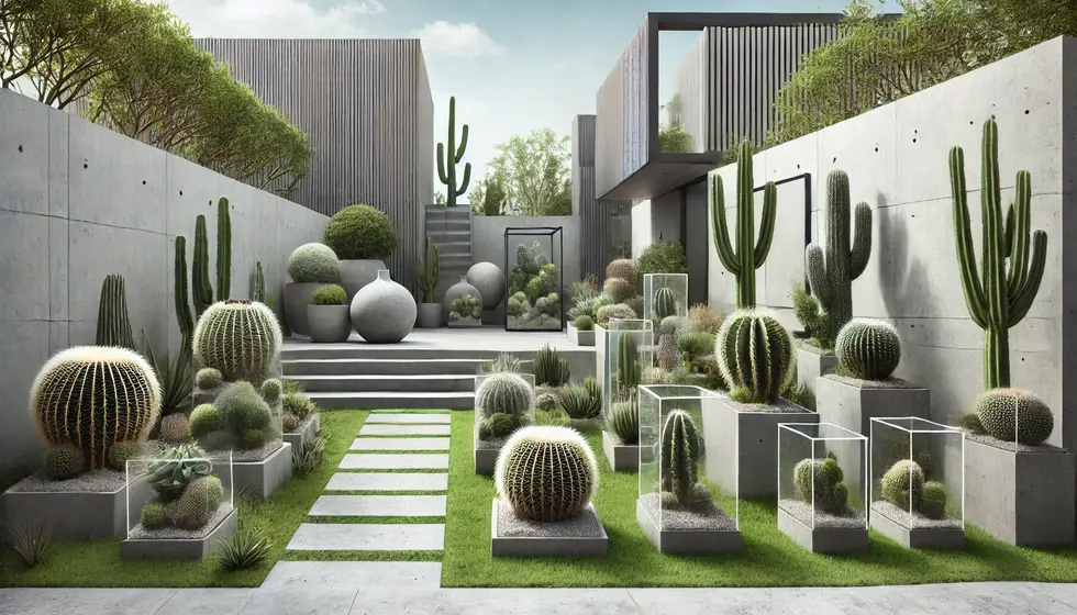 DALL·E 2024-06-19 10.51.45 - A modern exterior landscaping design featuring cactus gardens, terrariums, and concrete structures. The setting includes a variety of cac