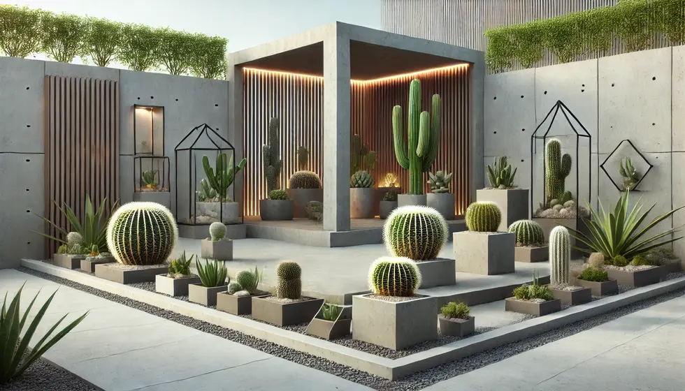 DALL·E 2024-06-19 10.50.25 - A modern exterior landscaping design featuring cactus gardens, terrariums, and concrete structures. The setting includes a variety of cac