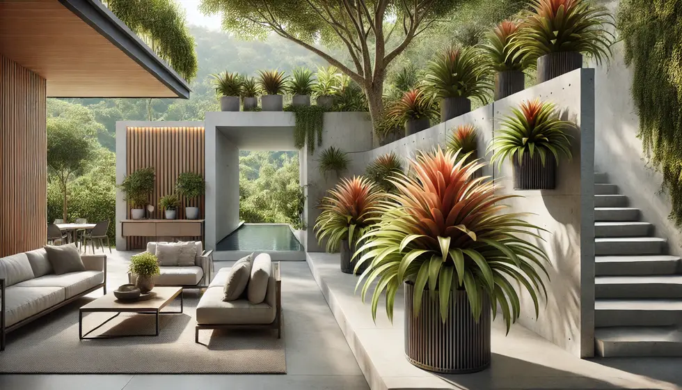 DALL·E 2024-06-20 16.51.46 - A realistic landscape design inspired by the minimalist style of Bali, Indonesia, focusing on bromeliads as the centerpiece. The desig