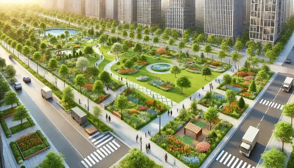 DALL·E 2024-06-19 18.22.00 - A beautiful urban park landscape design featuring walking paths, green lawns, various types of trees, flower beds, and seating areas. Th