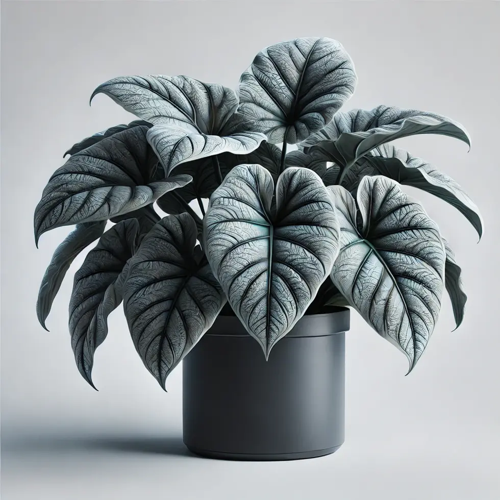 DALL·E 2024-06-18 11.14.16 - A high-quality, detailed image of a plant with broad leaves and intricate veining in a black pot for a plant catalog. The plant should be positi