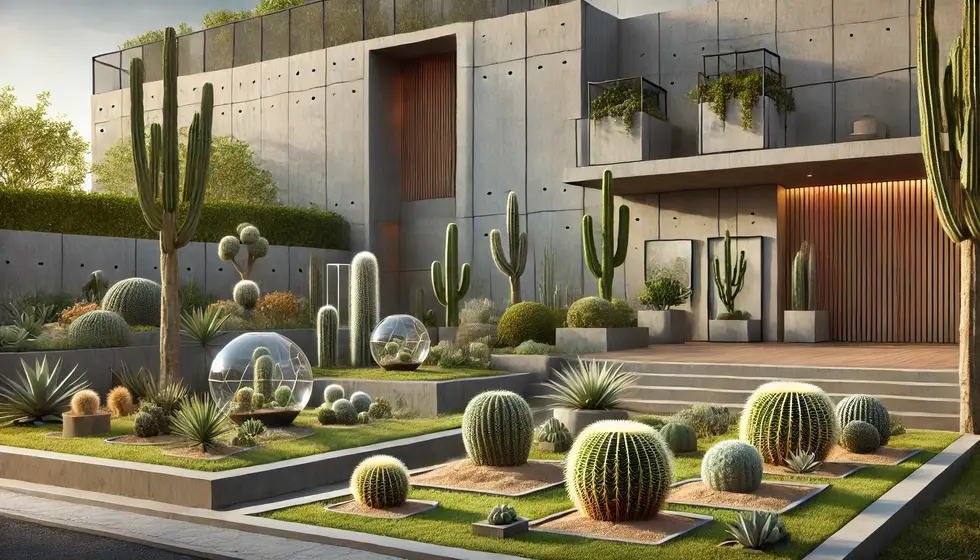 DALL·E 2024-06-19 10.48.36 - A modern exterior landscaping design featuring cactus gardens, terrariums, and concrete structures. The setting includes a variety of cac