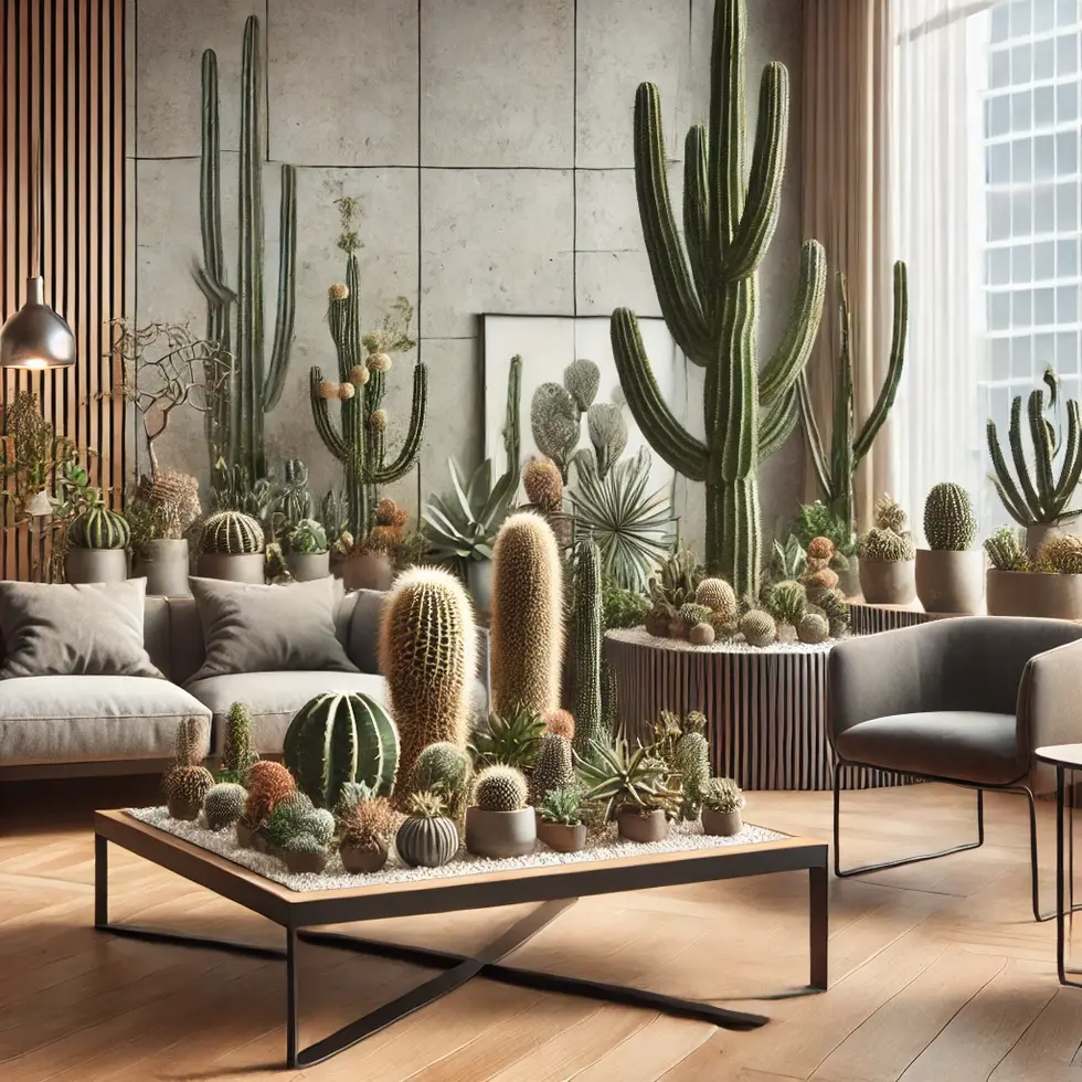 DALL·E 2024-06-19 10.43.58 - A stylish indoor interior design featuring decorative cactus plants and cactus gardens. The setting includes modern furniture, sleek line