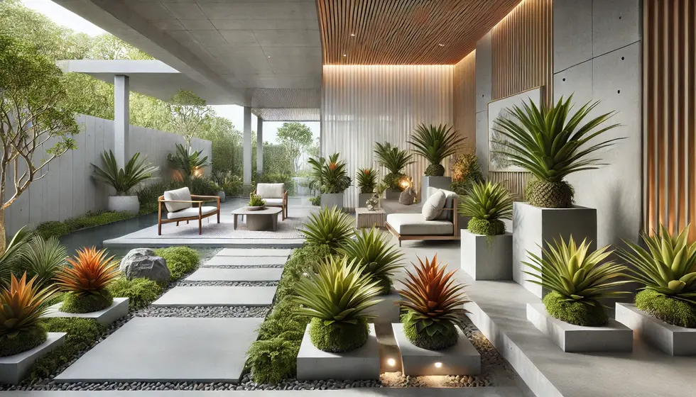 DALL·E 2024-06-20 16.51.40 - A realistic landscape design inspired by the minimalist style of Bali, Indonesia, focusing on bromeliads as the centerpiece. The desig