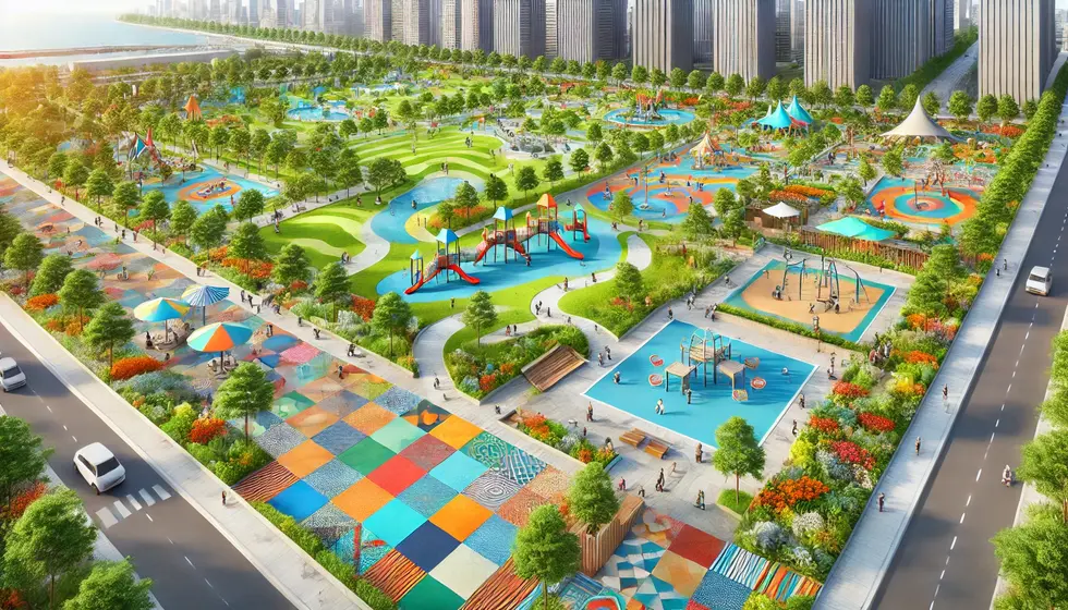 DALL·E 2024-06-19 18.24.05 - A colorful urban park landscape design featuring mosaic pathways, earthy floors, vibrant playgrounds, and intelligent layout. The settin