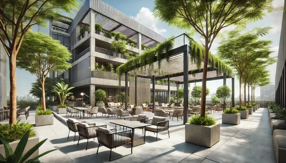 DALL·E 2024-06-20 16.57.17 - Improved contemporary terrace in a corporate building. Modern design furniture with neutral tones is complemented by ergonomic outdoor workspace