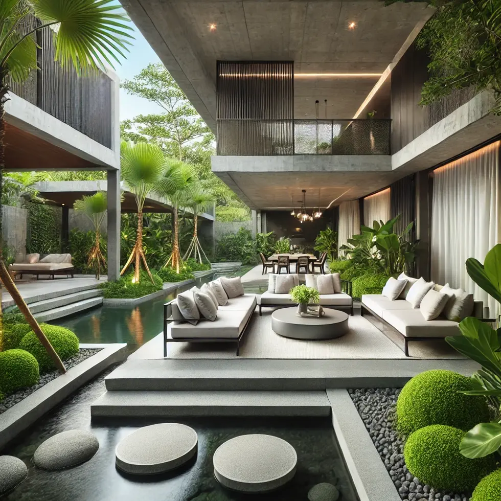 DALL·E 2024-06-18 18.37.34 - A luxurious outdoor living room with a modern tropical landscape design, featuring concrete structures and a minimalist style. The set