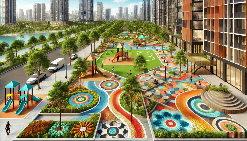 DALL·E 2024-06-19 18.23.45 - A colorful urban park landscape design featuring mosaic pathways, earthy floors, vib