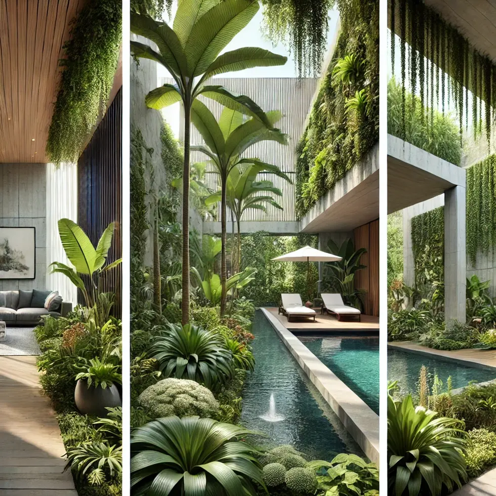 DALL·E 2024-06-21 15.27.12 - Create three modern landscape design images featuring tropical plants. The designs should include lush green vegetation, sleek archi