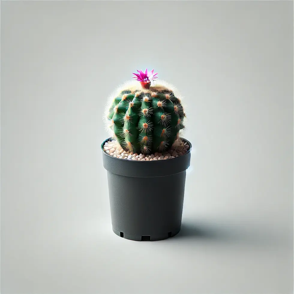 DALL·E 2024-06-19 10.41.25 - A single potted hedgehog cactus (Echinocereus) sapling in a standard nursery container, shown individually with a white background for an