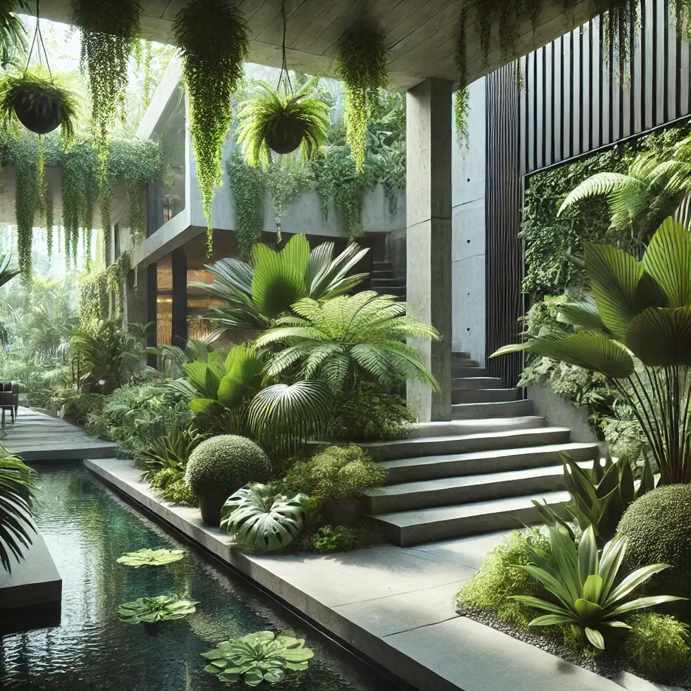DALL·E 2024-06-21 15.15.20 - Create a landscape design image featuring tropical ornamental plants with a focus on concrete and black design elements. The setting should incl