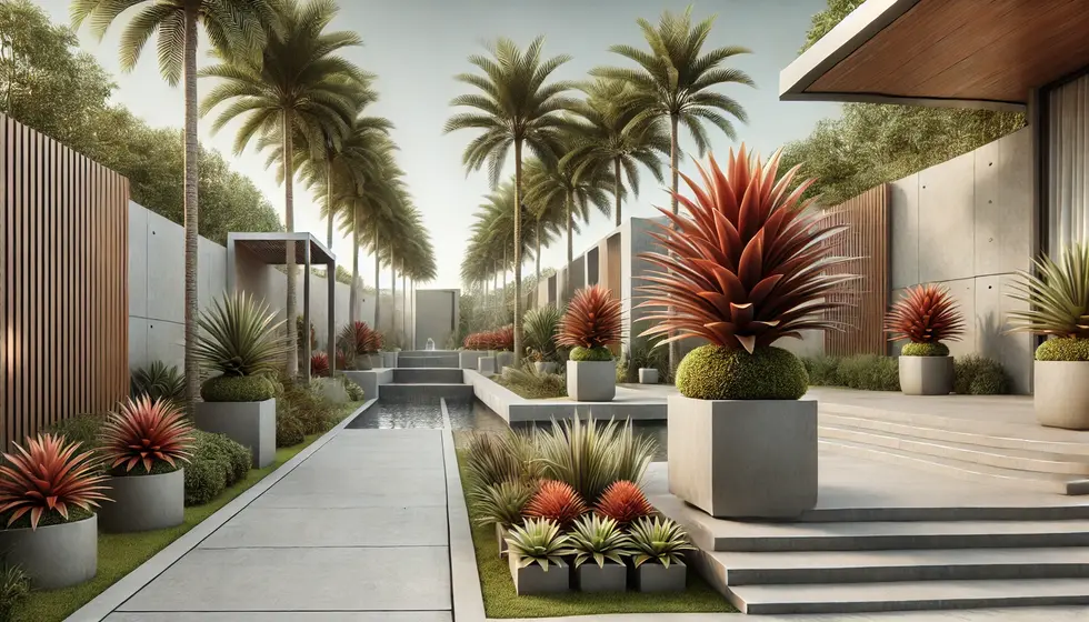 DALL·E 2024-06-20 16.51.31 - A realistic landscape design inspired by the minimalist style of Bali, Indonesia, focusing on bromeliads as the centerpiece. The design features a cle