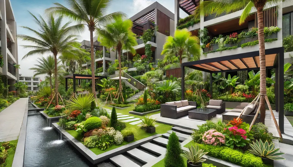 DALL·E 2024-06-20 17.01.07 - Luxurious tropical garden in a high-end residential area. Features include lush green vegetation, palm trees, and vibrant flowers. Sleek stone p