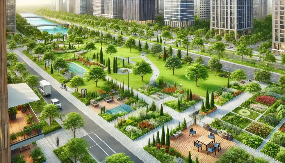 DALL·E 2024-06-19 18.22.03 - A beautiful urban park landscape design featuring walking paths, green lawns, various types of trees, flower beds, and seating areas. Th