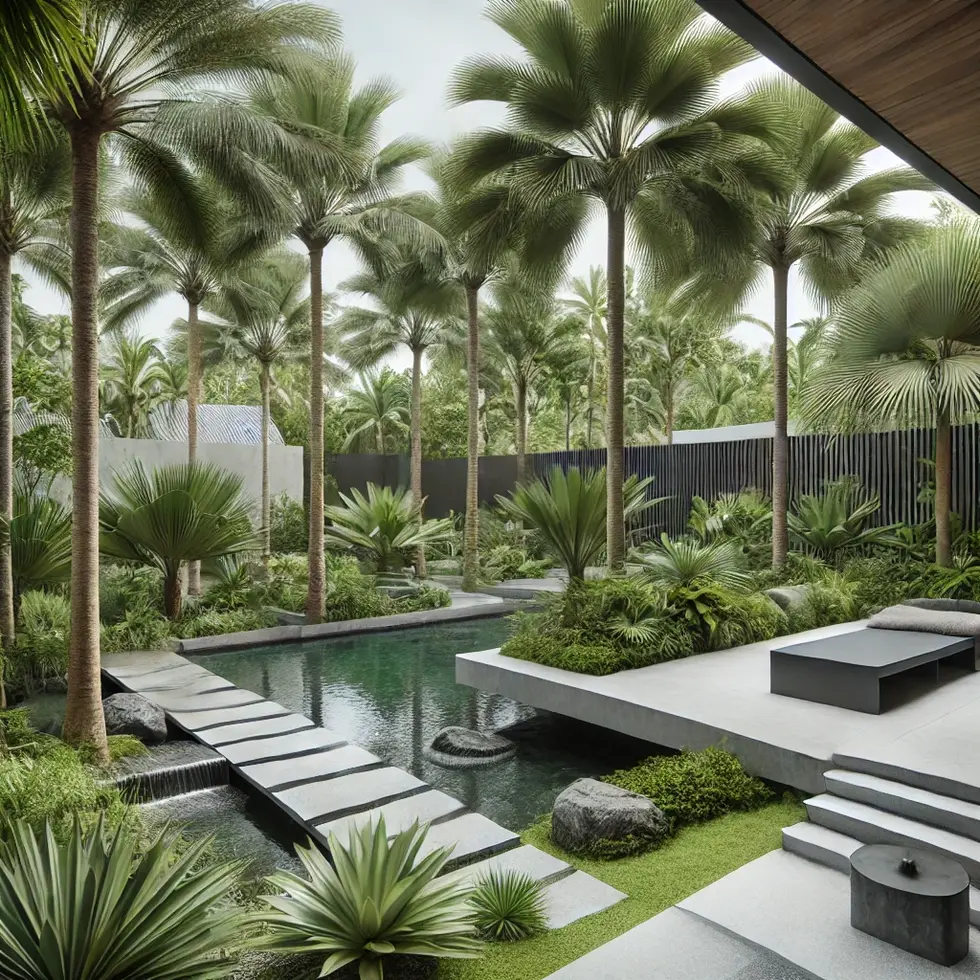 DALL·E 2024-06-18 18.03.13 - A modern tropical landscaping idea featuring palm trees, natural ponds, and black cement and metallic structures. The design includes lush green