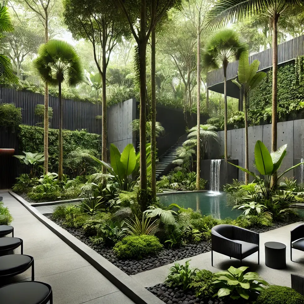 DALL·E 2024-06-18 18.35.47 - A modern tropical landscaping idea for an indoor environment featuring tropical gardens that mimic a forest, natural ponds, and black