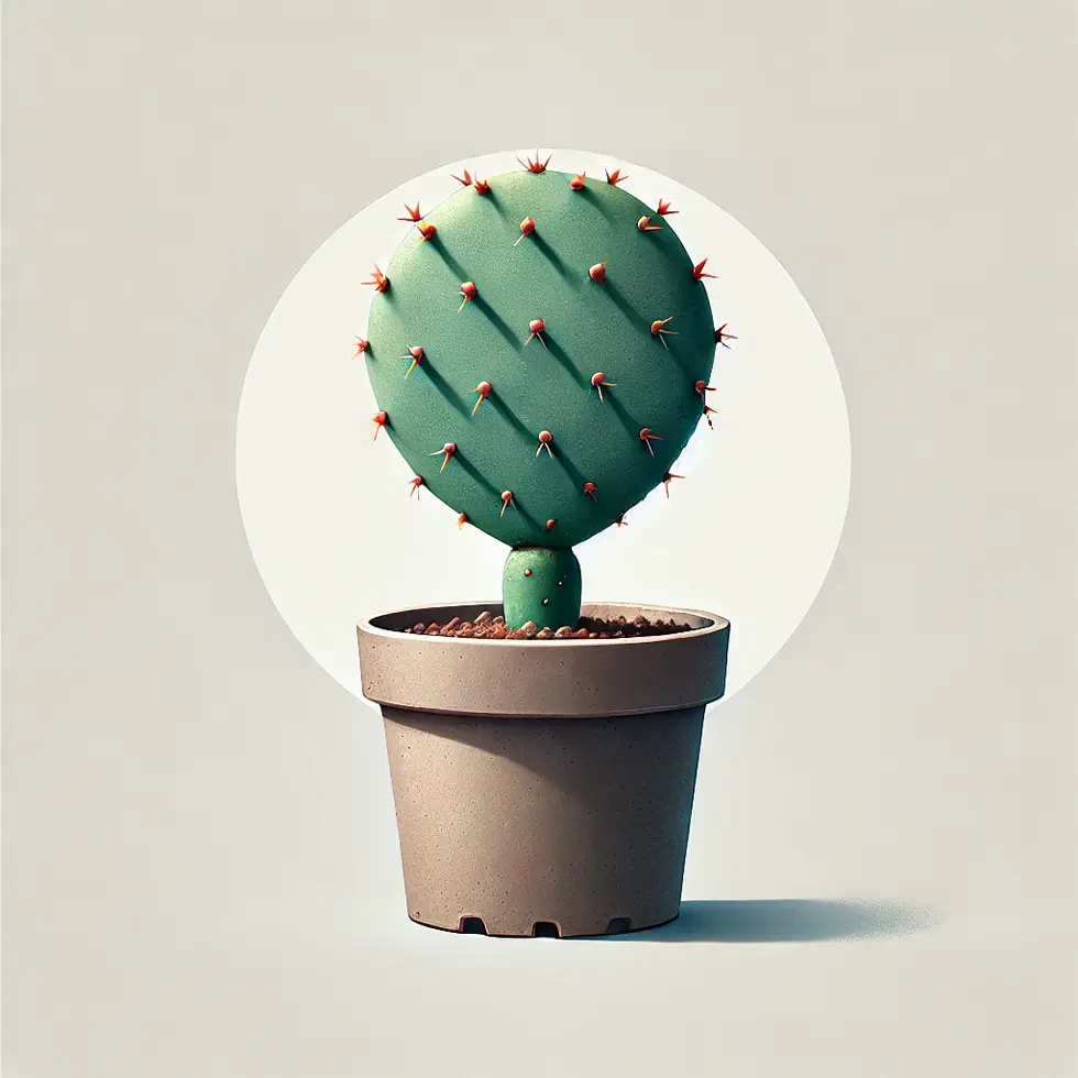 DALL·E 2024-06-19 10.41.15 - A single potted prickly pear cactus (Opuntia) sapling in a standard nursery container, shown individually with a white background for an