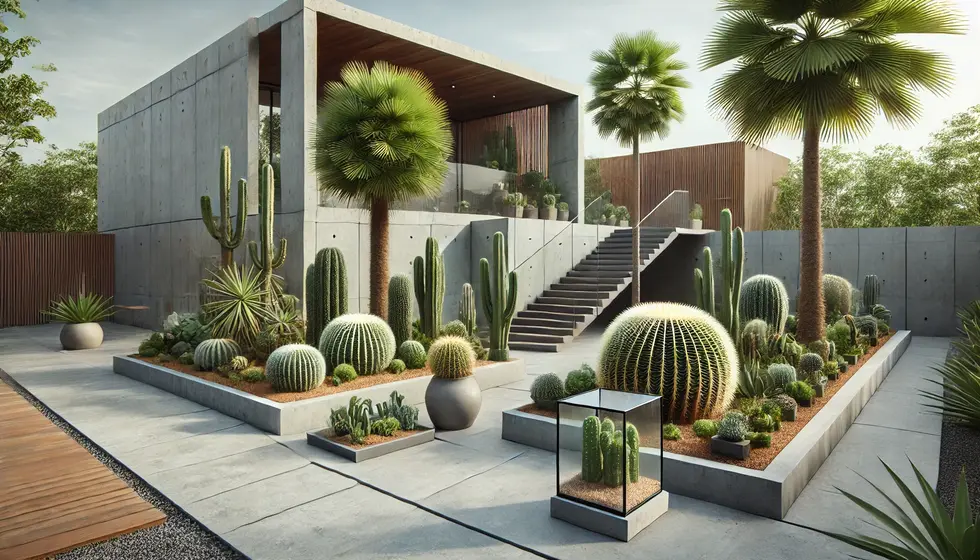 DALL·E 2024-06-19 10.51.58 - A modern exterior landscaping design featuring cactus gardens, terrariums, and concrete structures. The setting includes a variety of cac