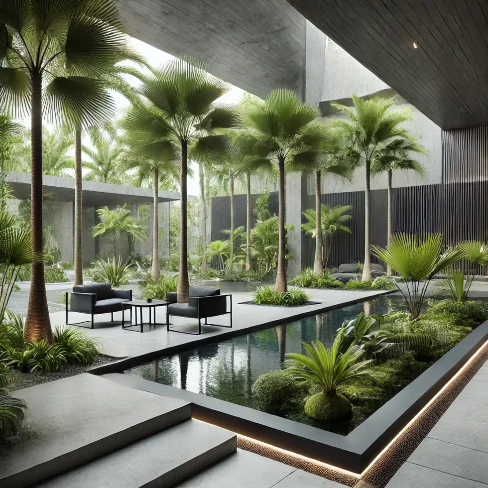 DALL·E 2024-06-18 18.06.20 - A modern tropical landscaping idea for an indoor environment featuring palm trees, natural ponds, and black cement and metallic struct