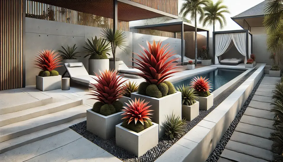 DALL·E 2024-06-20 16.55.06 - A realistic landscape design inspired by the minimalist style of Bali, Indonesia, focusing on bromeliads as the centerpiece. The desig