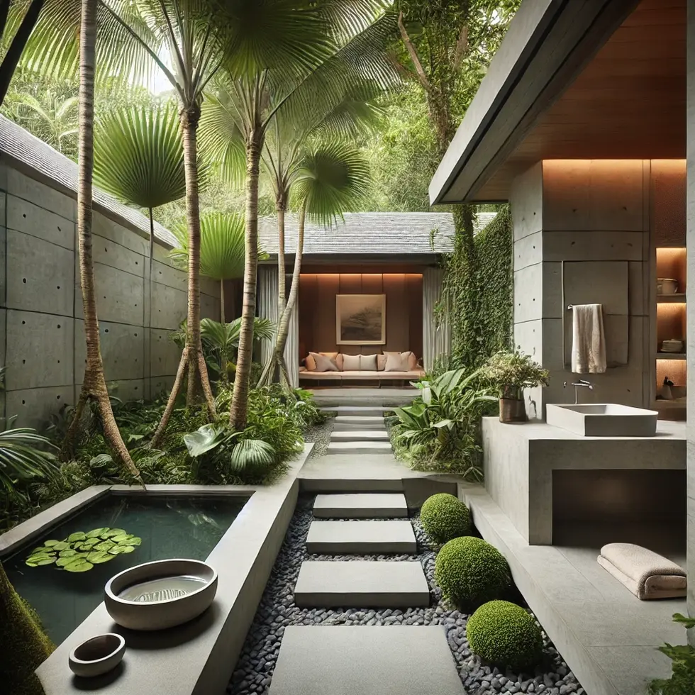 DALL·E 2024-06-18 18.37.47 - A luxurious outdoor bathroom with a modern tropical landscape design, featuring concrete structures and a minimalist style. The settin