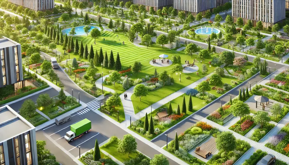 DALL·E 2024-06-19 18.22.08 - A beautiful urban park landscape design featuring walking paths, green lawns, various types of trees, flower beds, and seating areas. Th