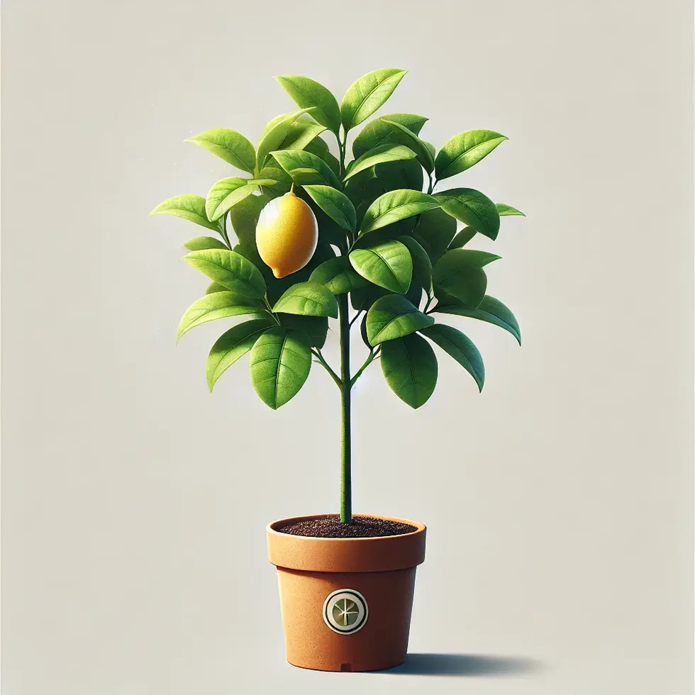 DALL·E 2024-06-19 11.38.25 - A potted sapling of a lemon tree in a standard nursery container, shown individually with a white background for an online catalog. The