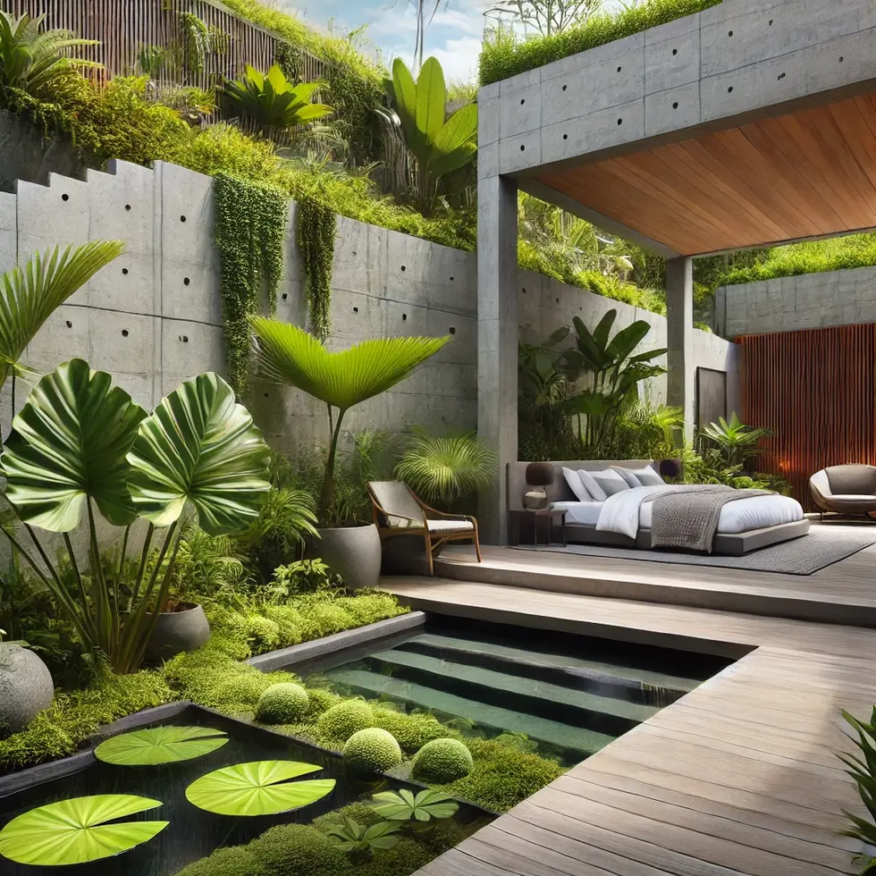 DALL·E 2024-06-18 18.47.01 - A luxurious outdoor bedroom with a modern tropical landscape design, featuring concrete structures and a minimalist style. The setting