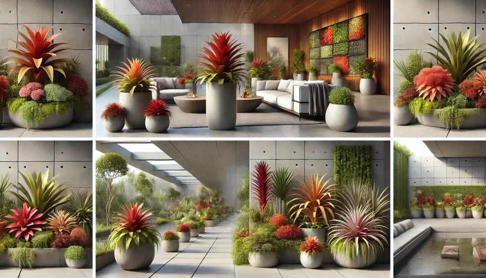 DALL·E 2024-06-20 15.20.09 - A series of five realistic landscape designs featuring various types and sizes of bromeliads. The designs include both indoor and outd
