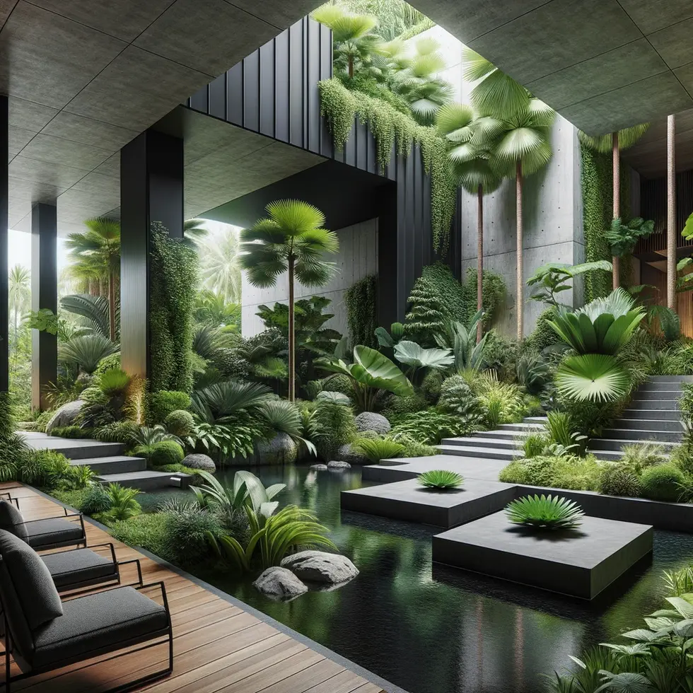 DALL·E 2024-06-18 18.35.34 - A modern tropical landscaping idea for an indoor environment featuring tropical gardens that mimic a forest, natural ponds, and black
