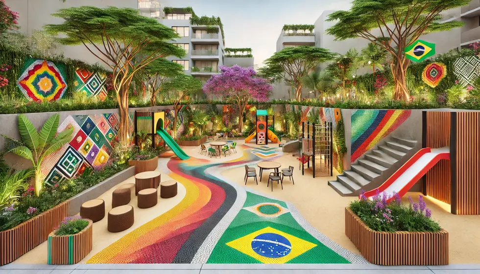 DALL·E 2024-06-19 18.55.19 - A small urban park design with characteristics of Brazil, featuring native Brazilian plants, colorful mosaic pathways, earthy floors, an