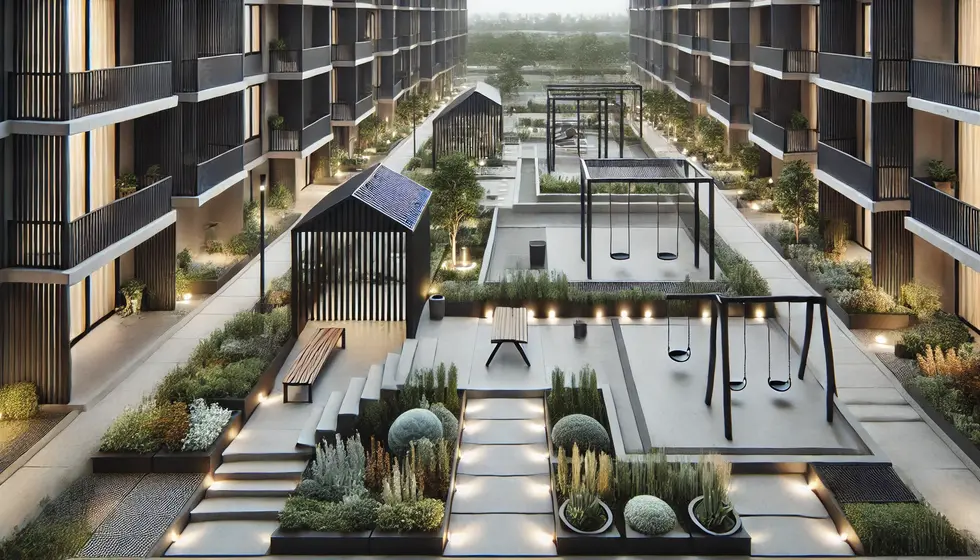 DALL·E 2024-06-20 16.57.13 - Improved minimalist residential square inside a condominium. Modern details include minimalist design with straight lines, geometric shapes, and