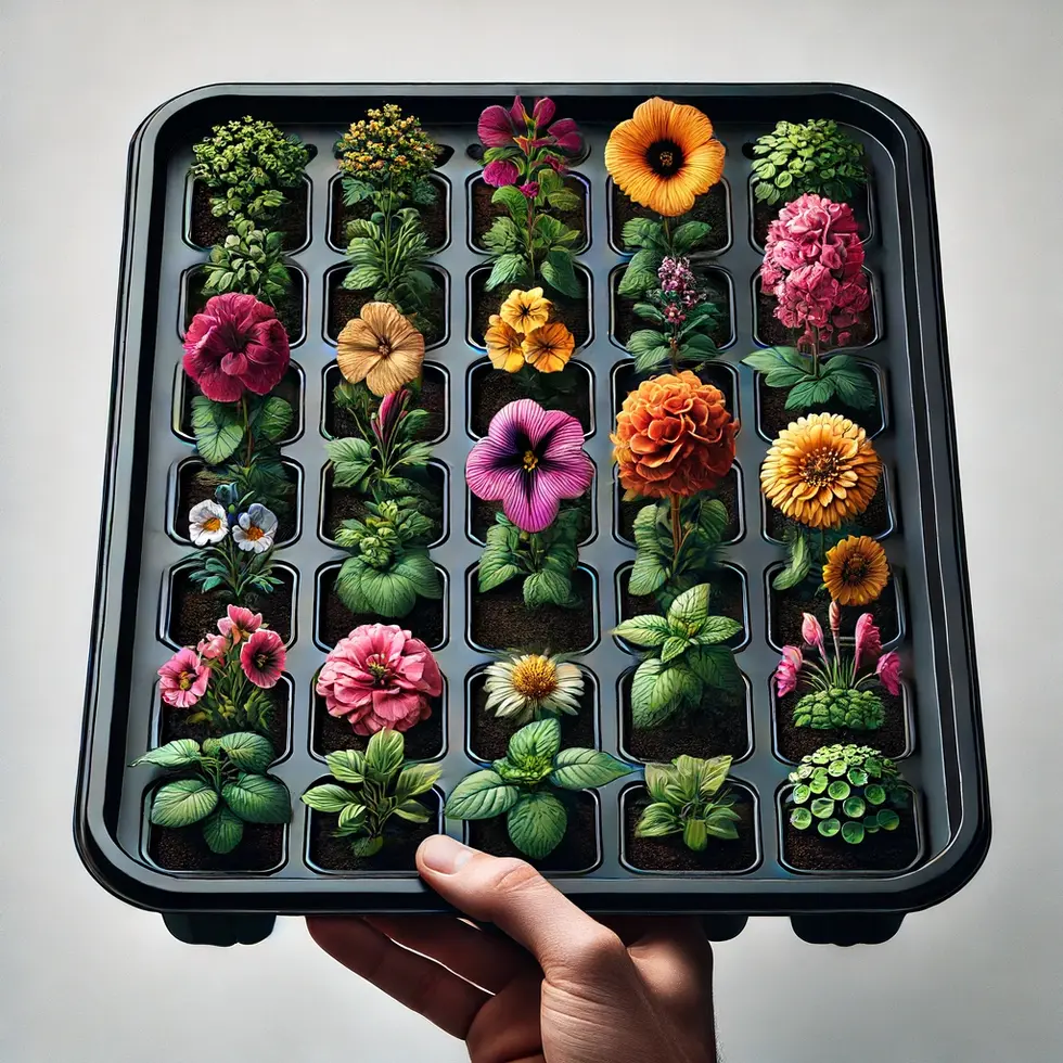 DALL·E 2024-06-17 14.30.15 - A tray with 15 cells, each containing the same type of flower seedlings. The flowers are all the same species, vibrant and colorful, with fresh