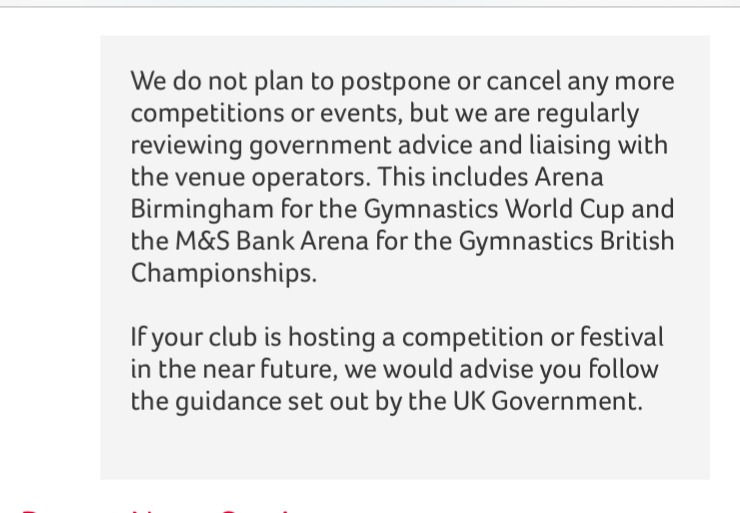 British Gymnastics' information regardiding the virus on their website