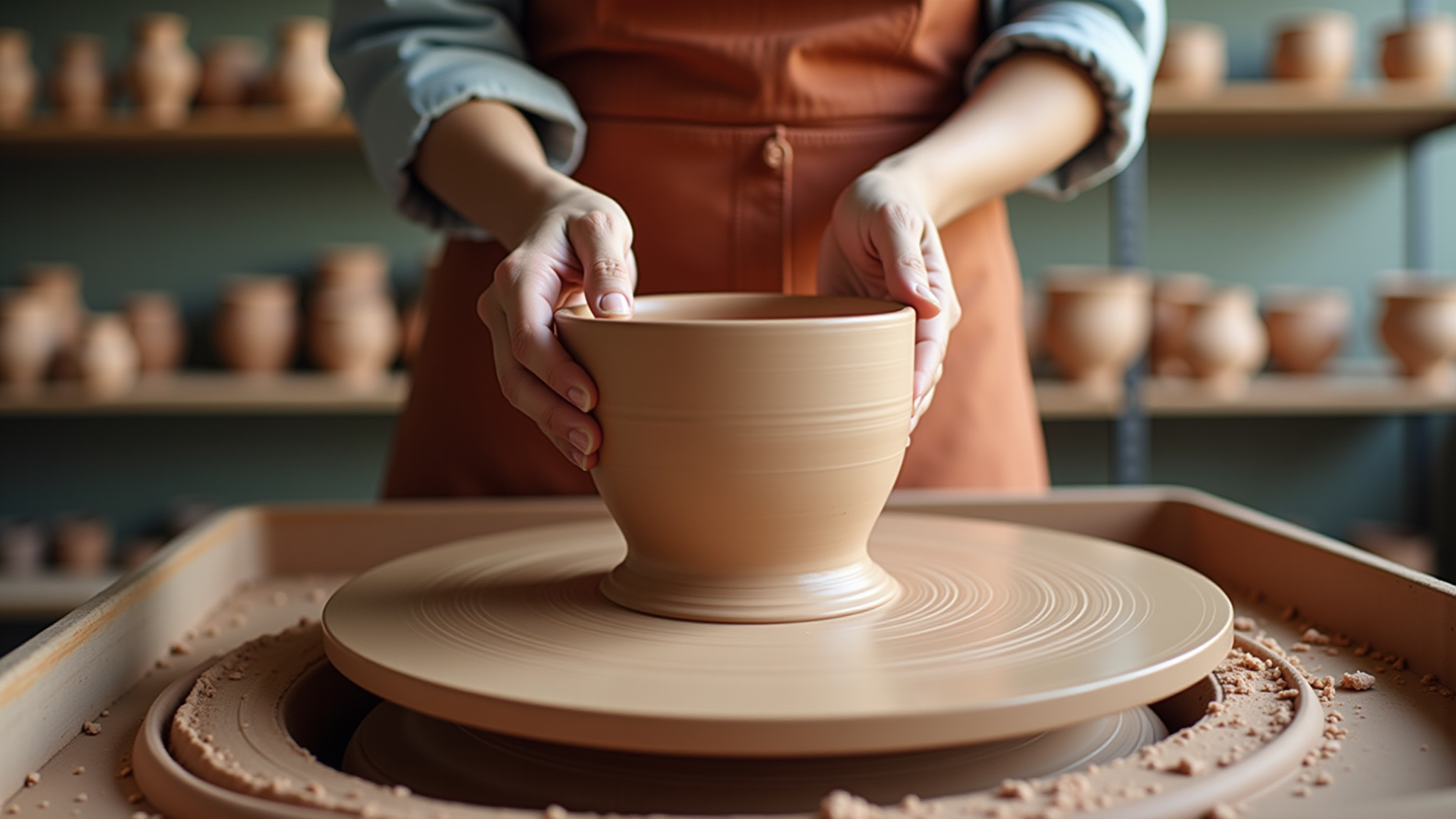 Two handsmaking a brown clay pot on a pottery wheel. The person has a brown apron on and a light coloured jean shirt. You do not seetheir face.