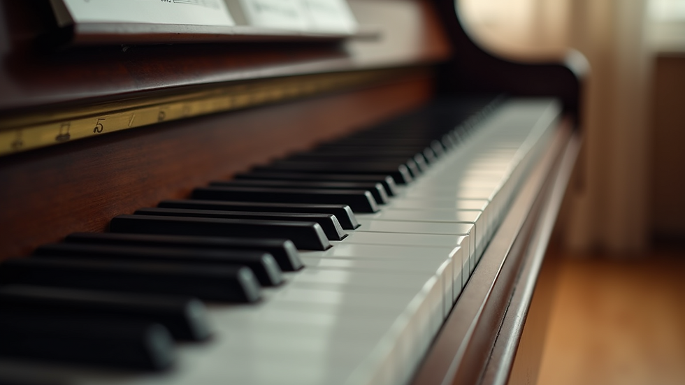 Close-up view of a grand piano keyboard with sheet music