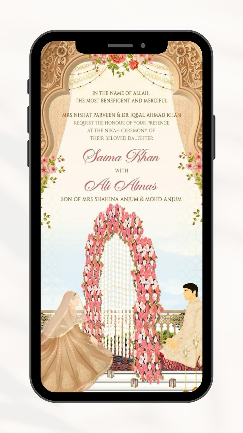 Baby pink royal Muslim Nikah wedding caricature PDF e invitation with bride groom illustration and Islamic floral arch
