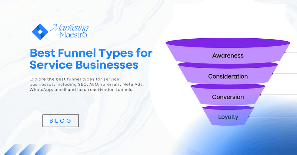 Explore the best funnel types for service businesses, including SEO, AEO, referrals, Meta Ads, WhatsApp, email and lead reactivation funnels.