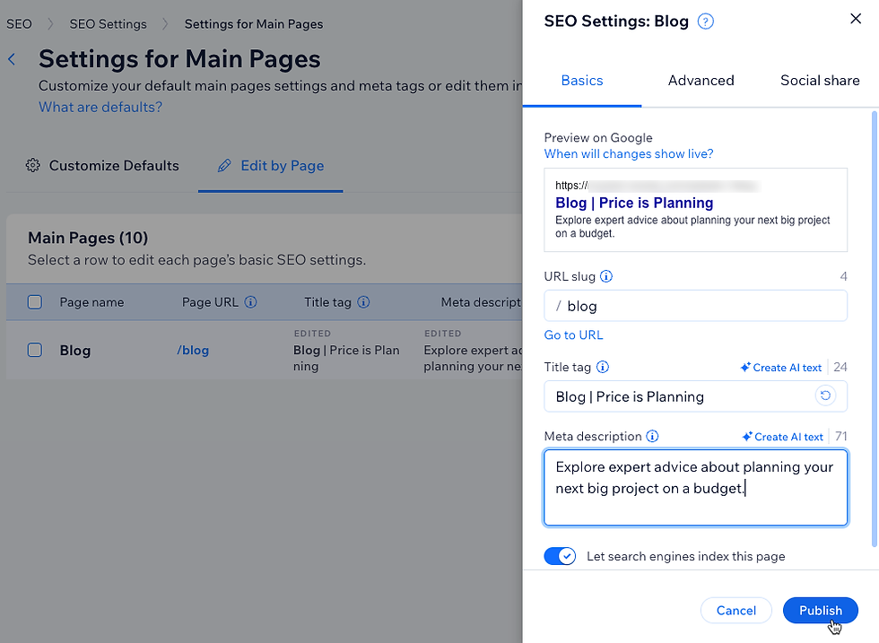 SEO settings panel for Blog over settings table, showing URL slug, title tag, meta description, and Publish button in a white sidebar