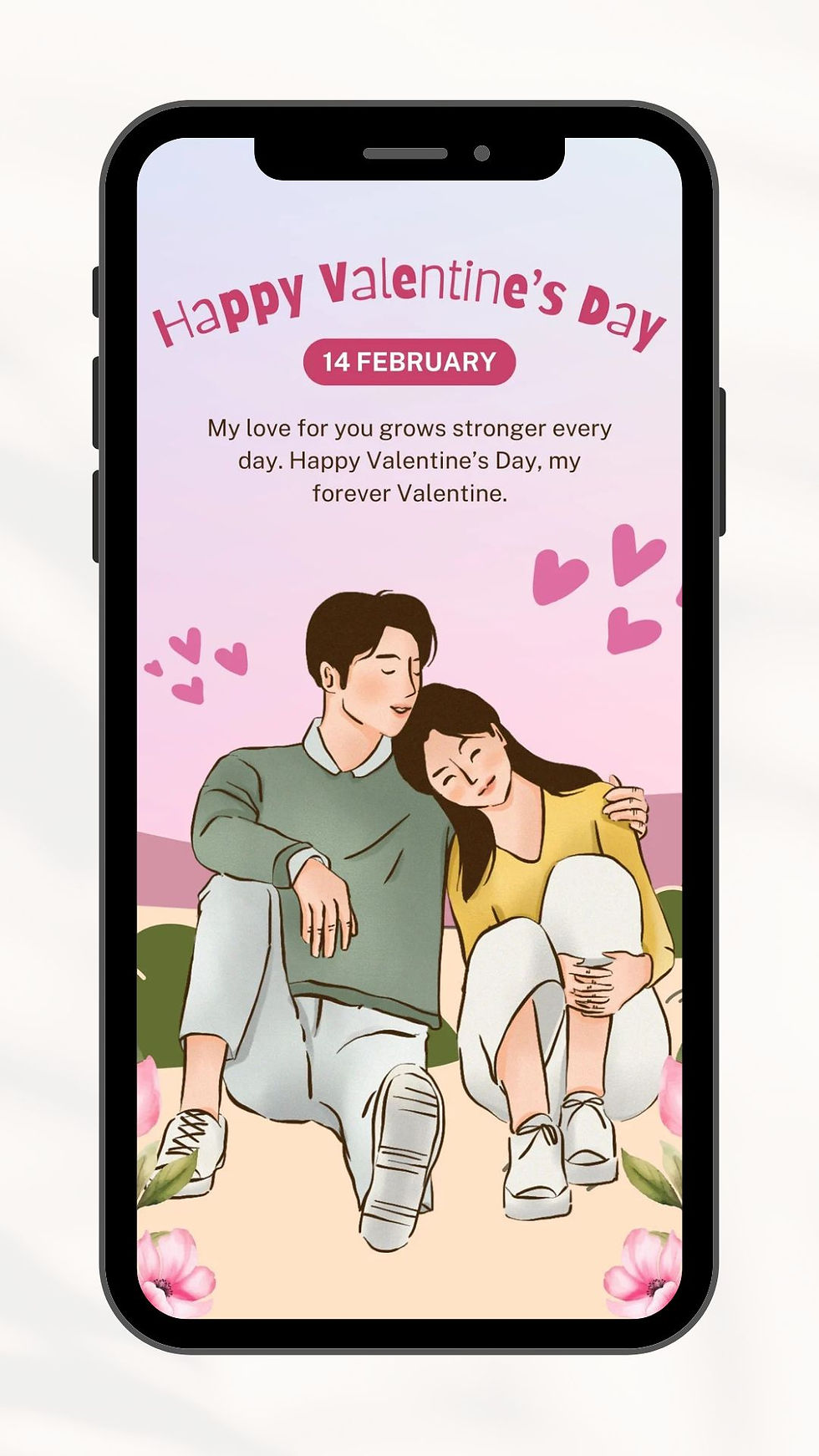 Pastel couple illustration Happy Valentine’s Day digital e invitation with hearts and romantic theme