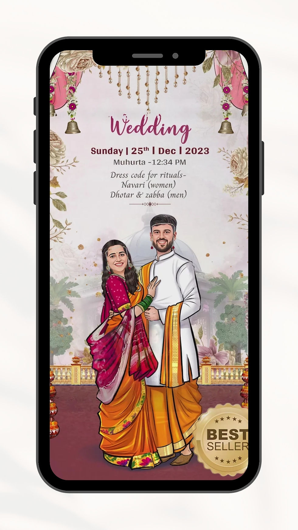 Royal pink Marathi wedding caricature invitation with bride in Navari saree and groom in Dhotar