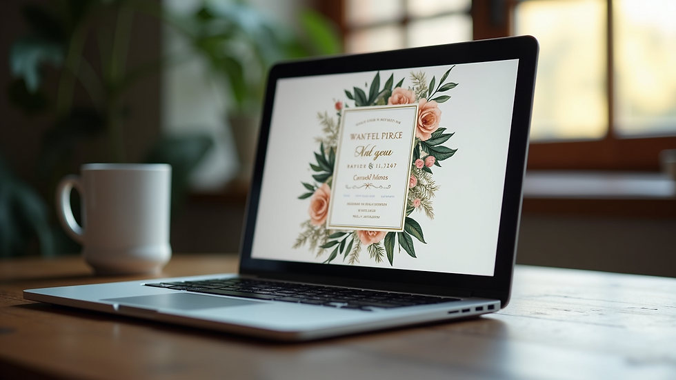 Close-up view of a laptop screen showing a digital wedding invitation design